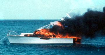 Hull #7 burning at Cat Cay in 1984